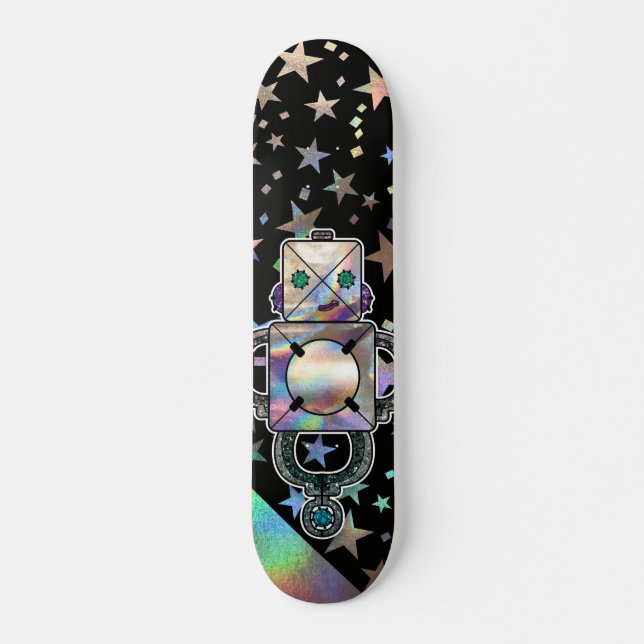 Holographic Rainbow Stars Metallic Glitter Robots  Skateboard (Front)