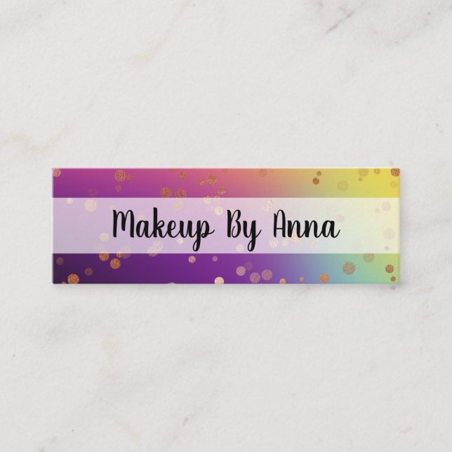 Holographic rose gold confetti makeup artist mini business card (Front)