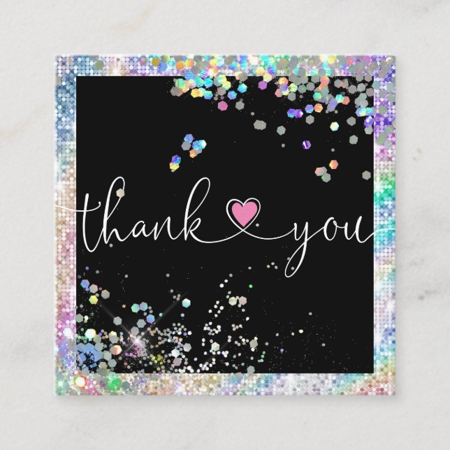 holographic script heart thank you for your order square business card (Front)