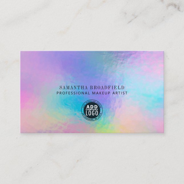 Holographic Script Modern Brand Logo Iridescent Business Card (Front)