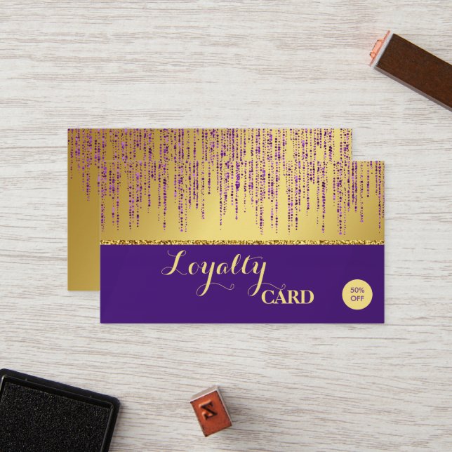 Holographic Signature Script Modern Gold Glitter Loyalty Card (Front/Back In Situ)