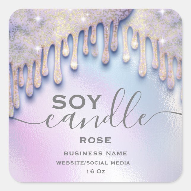 Holographic sparkle drips script soy candle label (Front)