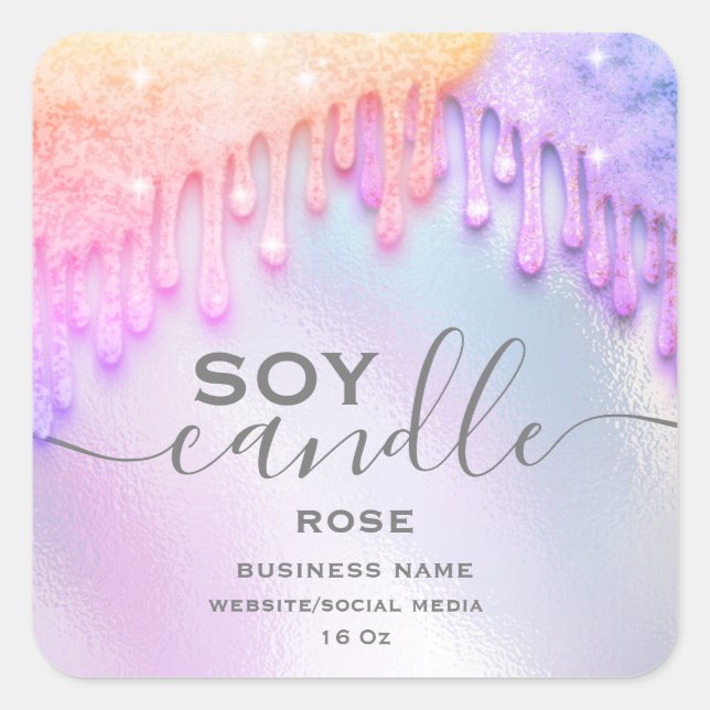 Holographic sparkle drips script soy candle label (Front)