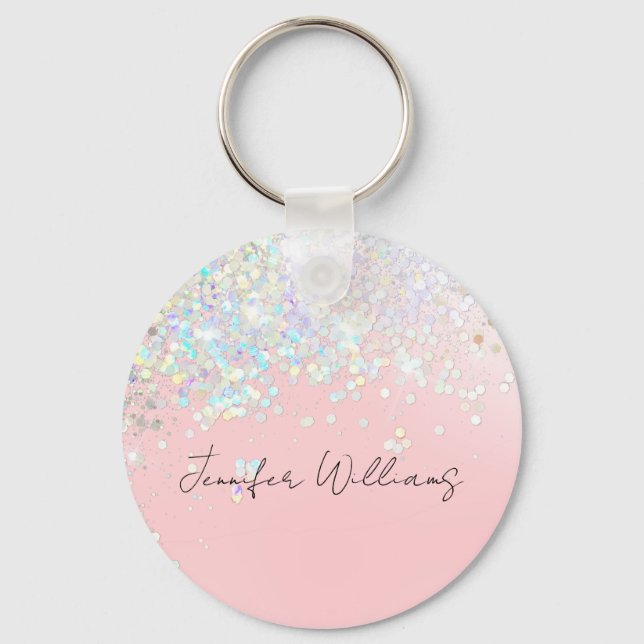 Holographic Sparkle Glitter Blush Pink Girly  Keychain (Front)