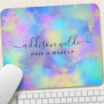 Holographic Sparkle Opal Iridescent Mouse Pad<br><div class="desc">Unleash your inner artist with this chic and stylish mousepad! A vibrant mix of pastel blues, pinks, purples, and yellows creates a dreamy, watercolor-like backdrop. Shimmering glitter accents add a touch of glam, perfect for the creative professional. Personalize it with your name and title in a modern sans-serif font for...</div>