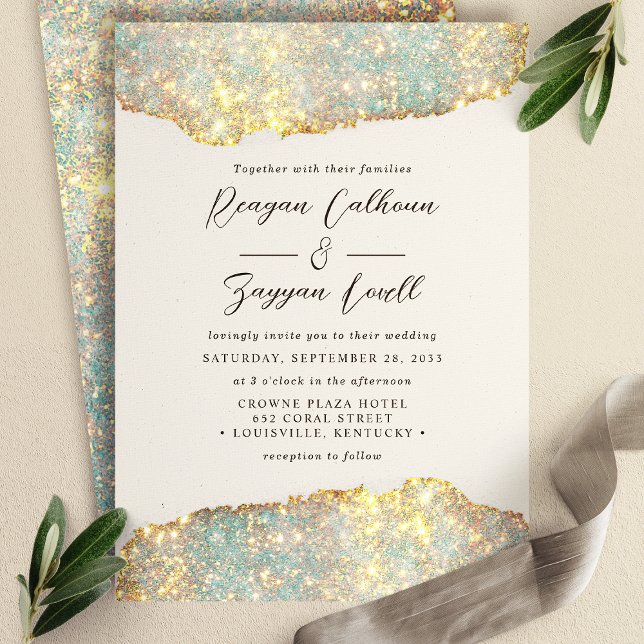 Holographic Sparkle Script Glam Glitter Wedding Invitation (Creator Uploaded)