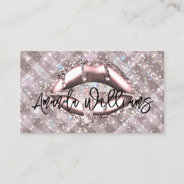 Holographic Sparkles Rose Gold Glitter Lips Unique Business Card (Front)