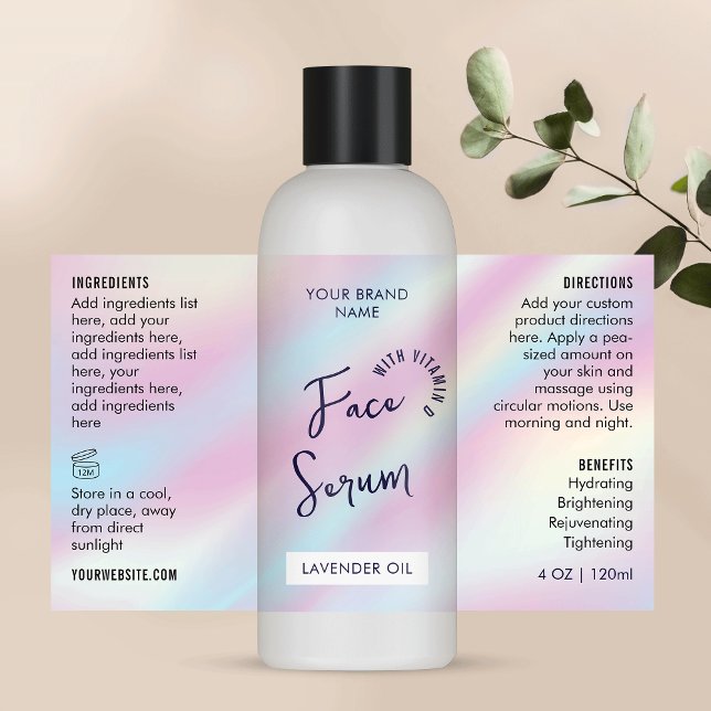 Holographic Style 4 OZ Cosmetic Bottle Label (Modern holographic effect cosmetic bottle wrap around label with fully editable text)