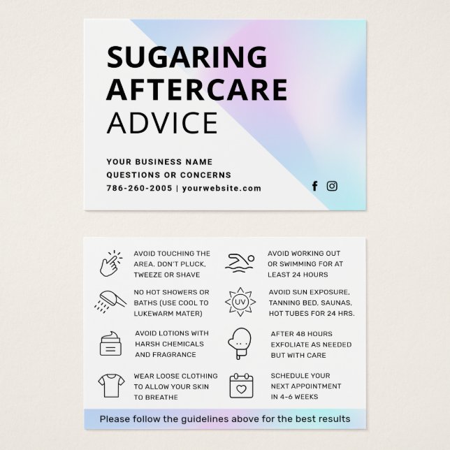 Holographic Sugaring Hair Removal Aftercare Card  (Front & Back)