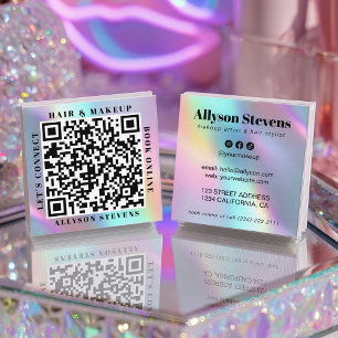 Holographic Unicorn Bold QR Code Hair & Makeup Square Business Card