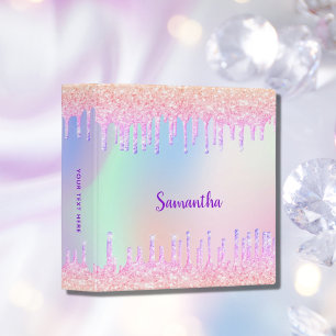 Holographic unicorn glitter drips pink monogram binder