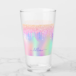 Holographic unicorn glitter drips rainbow name glass
