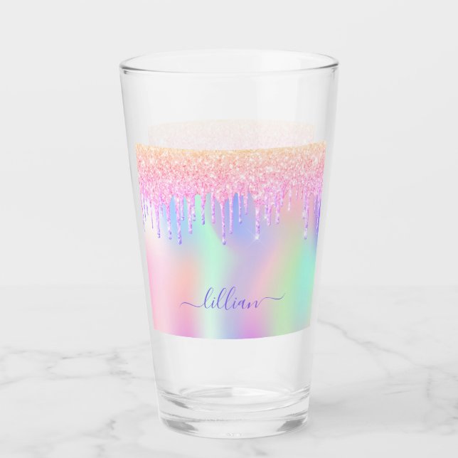 Holographic unicorn glitter drips rainbow name glass (Front)