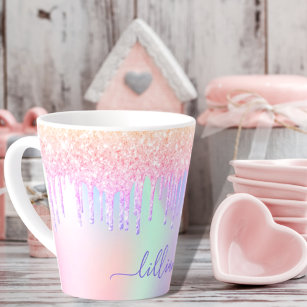 Holographic unicorn glitter drips rainbow name latte mug
