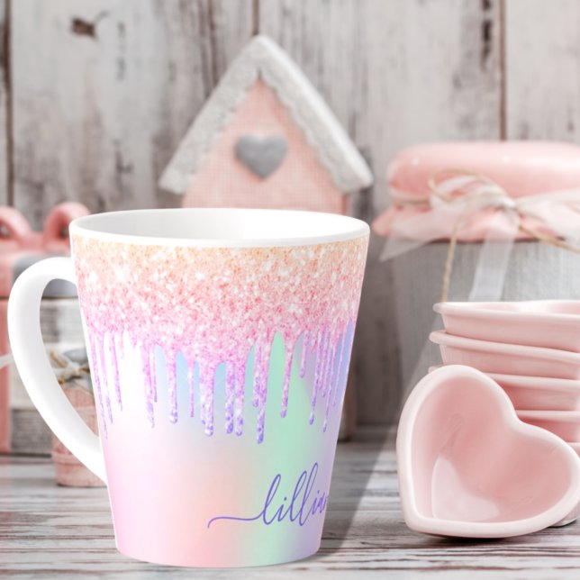 Holographic unicorn glitter drips rainbow name latte mug (Creator Uploaded)
