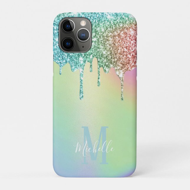 Holographic Unicorn Glitter Drips Script Monogram Case-Mate iPhone Case (Back)