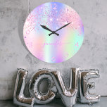Holographic unicorn glitter rainbow monogram large clock<br><div class="desc">A trendy holographic background with unicorn and rainbow pastel colours in pink, purple, rose gold, mint green. Decorated with faux glitter dust in pink and purple. Personalize and add a name, written with a modern hand lettered style script with swashes. Pink coloured letters. To keep the swashes only delete the...</div>