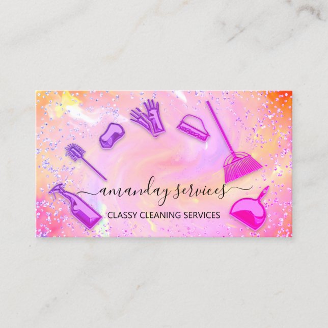 Holographic Unicorn QR Logo Home Maid Cleaning Business Card (Front)