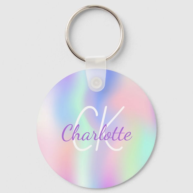 Holographic unicorn rainbow monogram name keychain (Front)