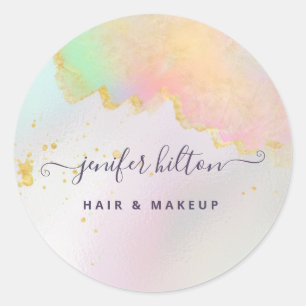 Holographic watercolor elegant abstract signature  classic round sticker
