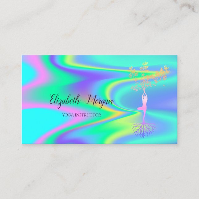 Holographic Yoga Instructor,Tree Women Silhouette Business Card (Front)