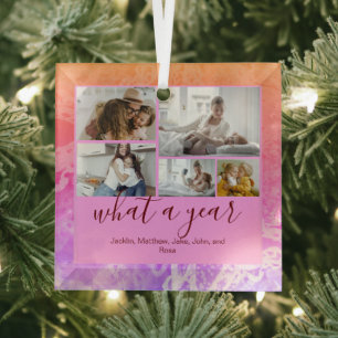 Holography Custom 5 Photos Typography New Year Glass Ornament