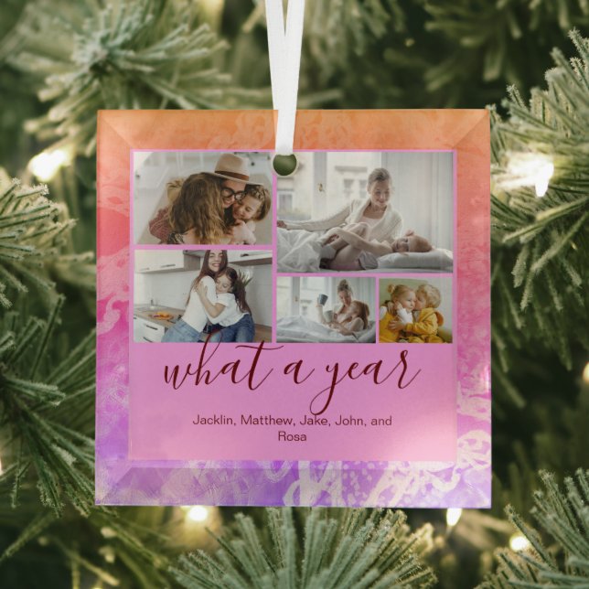 Holography Custom 5 Photos Typography New Year Glass Ornament (Insitu)