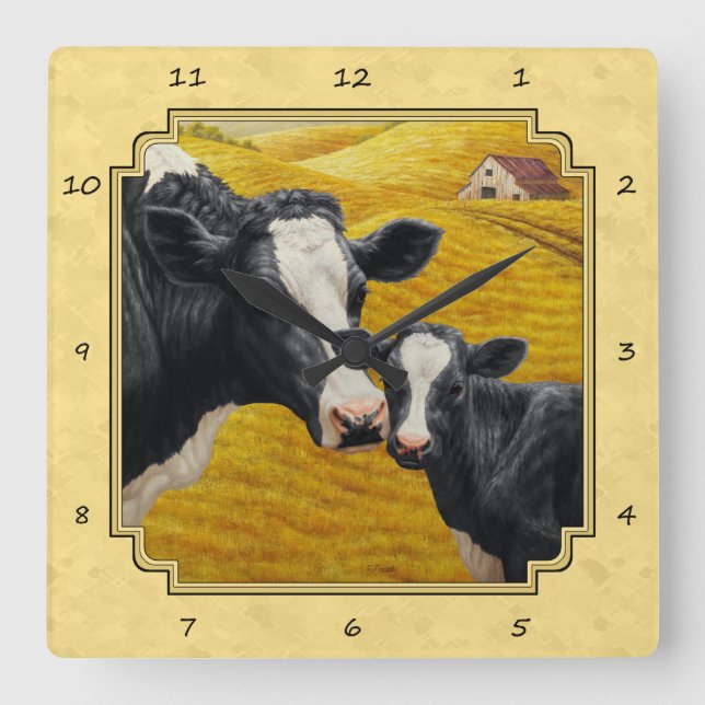 Holstein Cow and Calf Farm Yellow Square Wall Clock (Front)