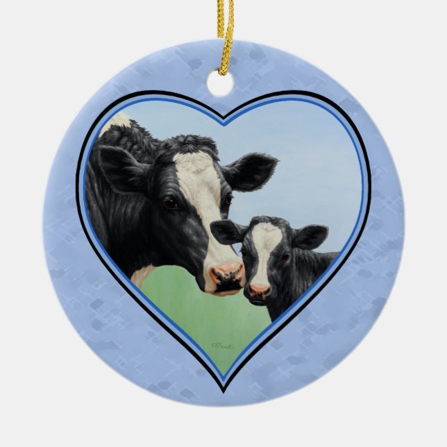 Holstein Cow and Cute Calf Blue Heart Ceramic Ornament (Front)