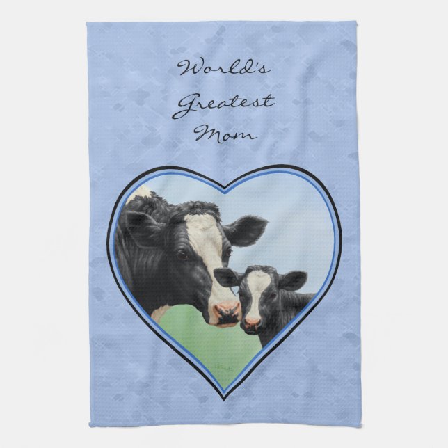 Holstein Cow and Cute Calf Blue Heart Kitchen Towel (Vertical)