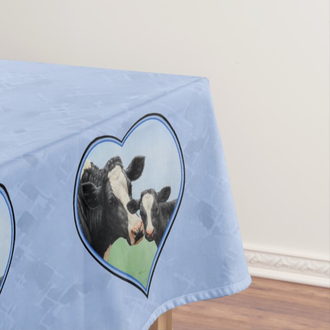 Holstein Cow and Cute Calf Blue Heart Tablecloth (In Situ)