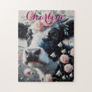 Holstein Cow Carnations Farmhouse Personalized Jigsaw Puzzle