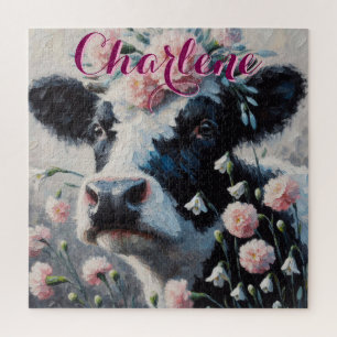 Holstein Cow Carnations Farmhouse Personalized Jigsaw Puzzle