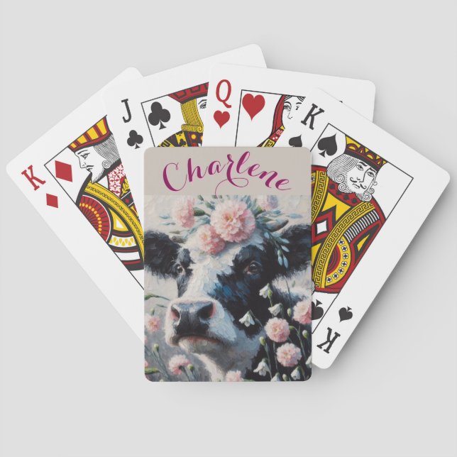 Holstein Cow Carnations Farmhouse Personalized Playing Cards (Back)