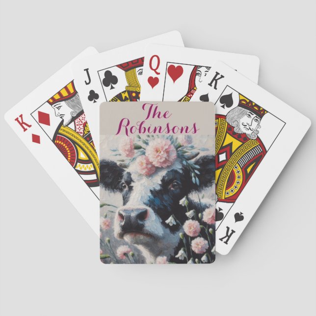 Holstein Cow Carnations Farmhouse Personalized Playing Cards (Back)