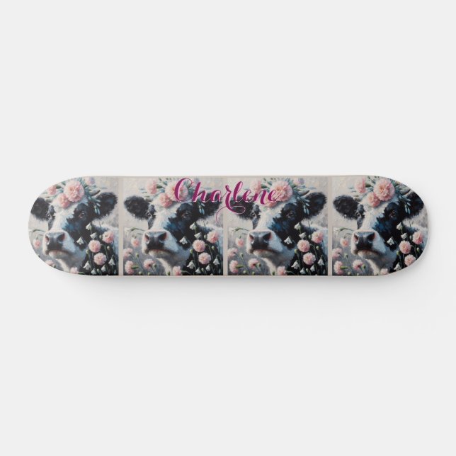 Holstein Cow Carnations Farmhouse Personalized Skateboard (Horz)