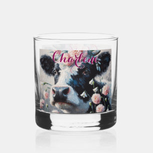 Holstein Cow Carnations Farmhouse Personalized Whiskey Glass