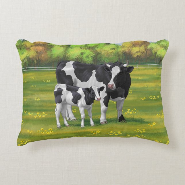 Holstein Cow & Cute Calf in Summer Pasture Accent Pillow (Front)
