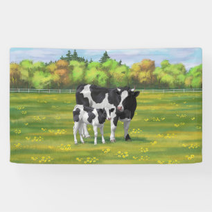 Holstein Cow & Cute Calf in Summer Pasture Banner