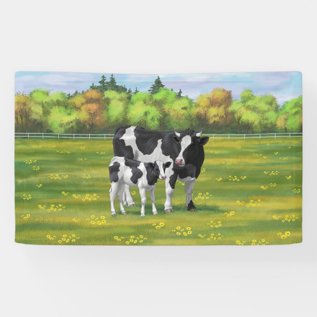 Holstein Cow & Cute Calf in Summer Pasture Banner (Horizontal)