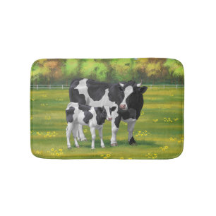 Holstein Cow & Cute Calf in Summer Pasture Bath Mat