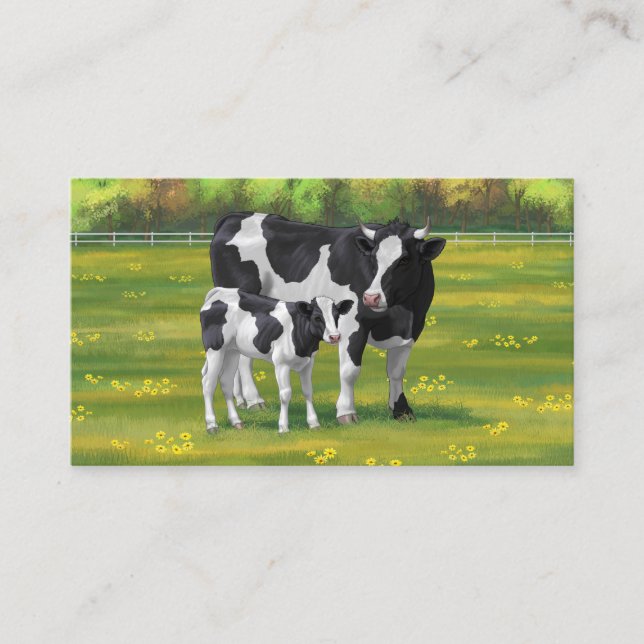 Holstein Cow & Cute Calf in Summer Pasture Business Card (Front)