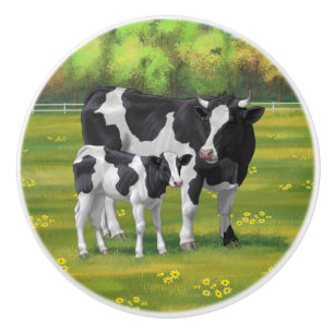Holstein Cow & Cute Calf in Summer Pasture Ceramic Knob