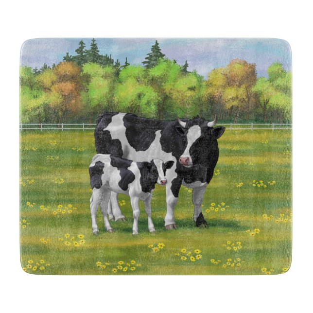 Holstein Cow & Cute Calf in Summer Pasture Cutting Board (Front)