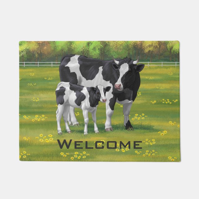 Holstein Cow & Cute Calf in Summer Pasture Doormat (Front)