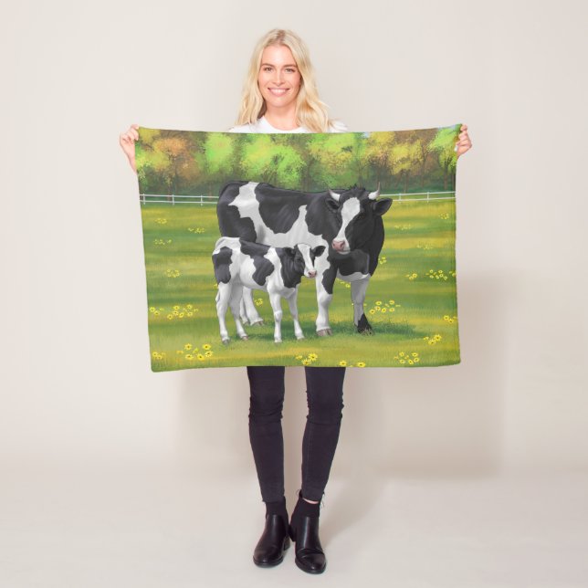 Holstein Cow & Cute Calf in Summer Pasture Fleece Blanket (In Situ)