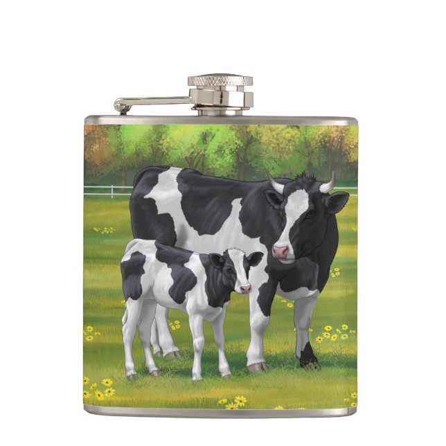 Holstein Cow & Cute Calf in Summer Pasture Hip Flask (Front)
