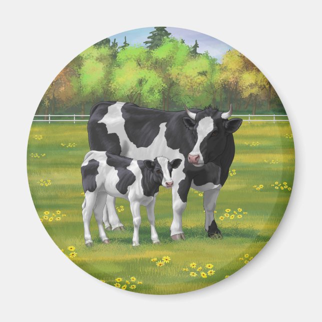 Holstein Cow & Cute Calf in Summer Pasture Magnet (Front)