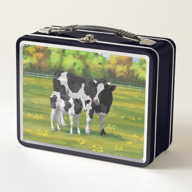 Holstein Cow & Cute Calf in Summer Pasture Metal Lunch Box (Front)