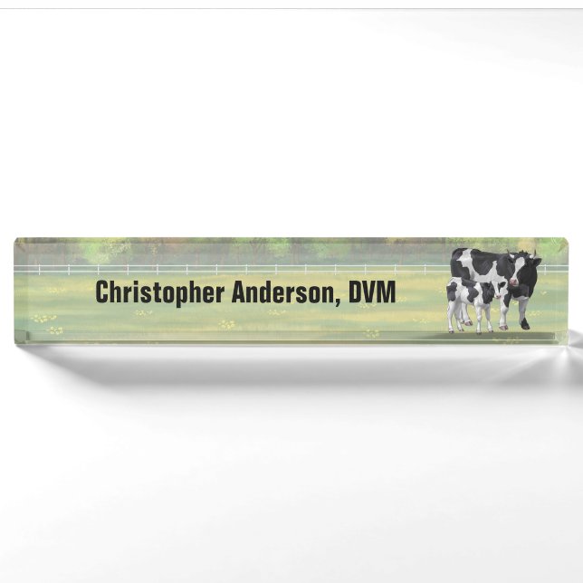 Holstein Cow & Cute Calf in Summer Pasture Nameplate (Front)